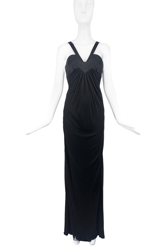 Versace Black Vintage 90's V Neck Halter Build in Bra Dress Gown