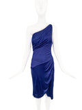 Versace Navy Midnight Blue Silk Jersey One Shoulder Asymmetric Cummerbund Waist Corset detail High Slit Dress
