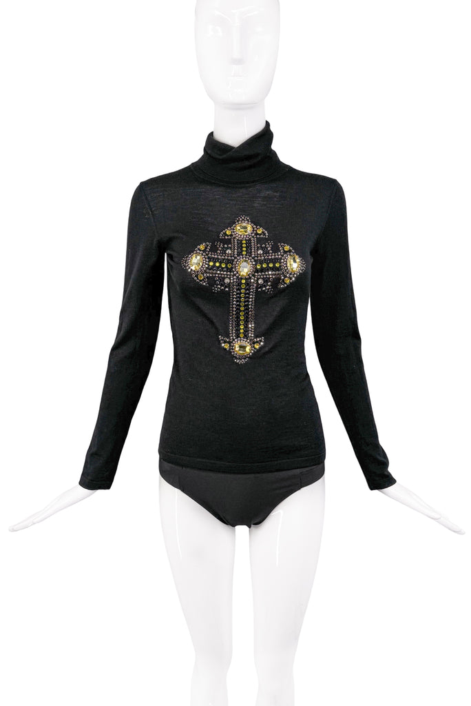 Versace Black Gemstone Cross Longsleeve Turtleneck Top FW2012