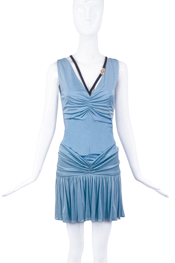 Versace Blue Bias Cut Pleated Ruched Dress