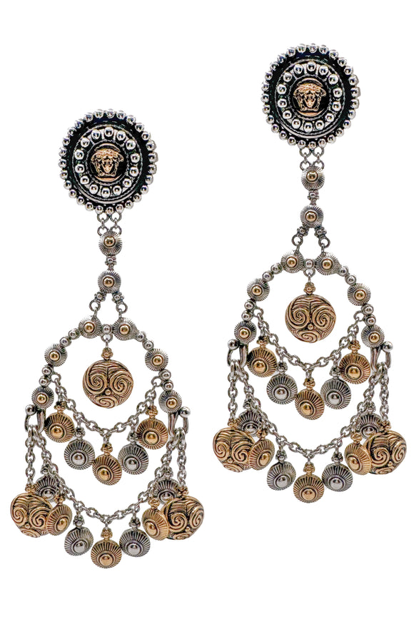 Versace Oversized Silver Gold Mixed Metal Medallion Chandelier Earrings