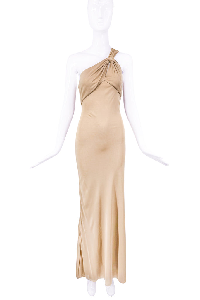 Versace Nude Sand Color One Shoulder Knot Silk Jersey Dress Gown