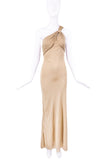 Versace Nude Sand Color One Shoulder Knot Silk Jersey Dress Gown