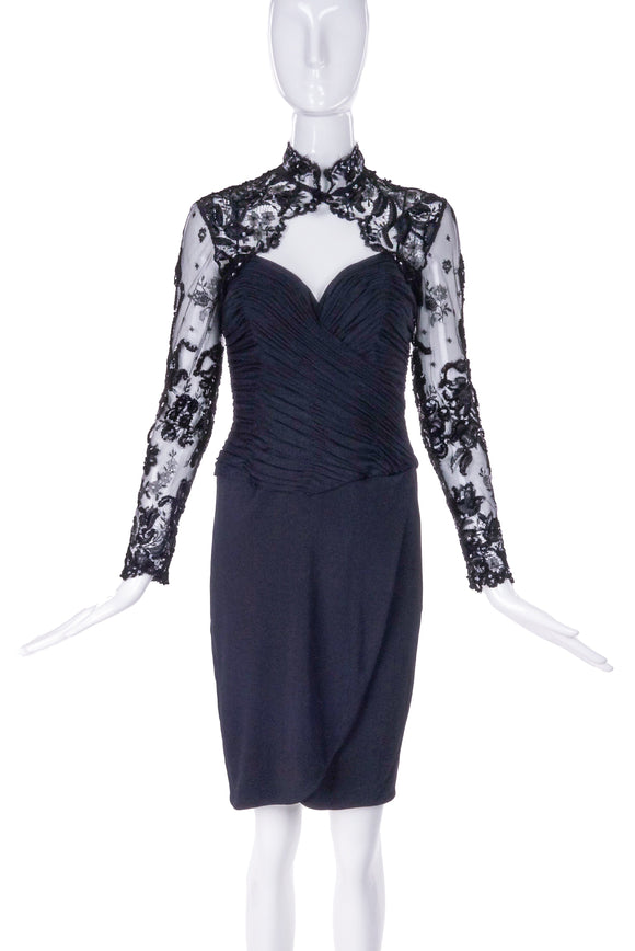 Vicky Tiel Black Ruche Bustier with Lace Mandarin Collar - BOUTIQUE PURCHASE PRICE