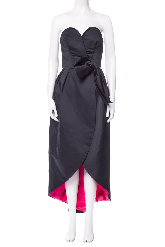 Victor Costa Black Strapless Satin Bustier Gown with Bow and Pink Lining
