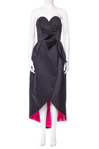 Victor Costa Black Strapless Satin Bustier Gown with Bow and Pink Lining