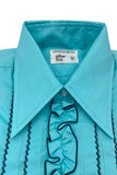 Vintage After Six Teal Blue "Gucci" Ruffle Tuxedo Button-Down Dress Shirt