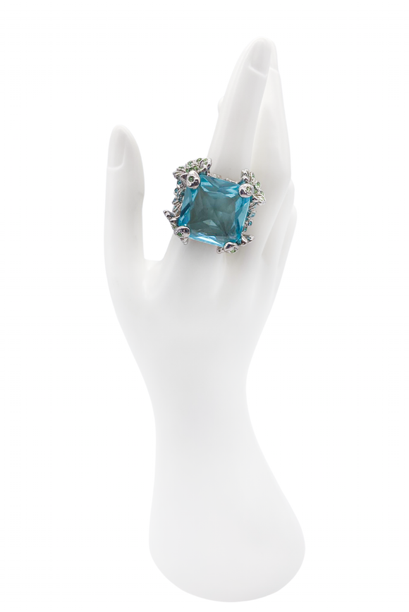 Vintage Aquamarine Blue Massive Square Cocktail Ring with Floral Details