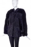 Vintage Black Astrakhan Lamb "Femme Fatale" Coat with Fox Fur Sleeve Stripe