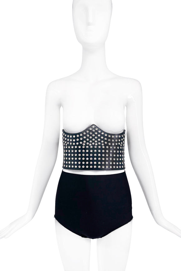 Vintage Black Leather Belt Corset Embellished with Crystals