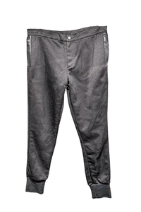 Vintage Black Mesh Fishnet Jogger Pants with Silver Metallic Lining and Leather Details