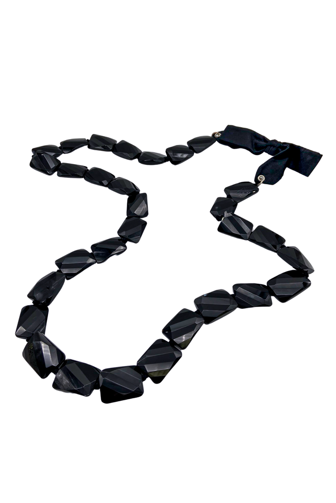 Nina Ricci Black Jet Faceted Rectangular Bead Necklace with Bow