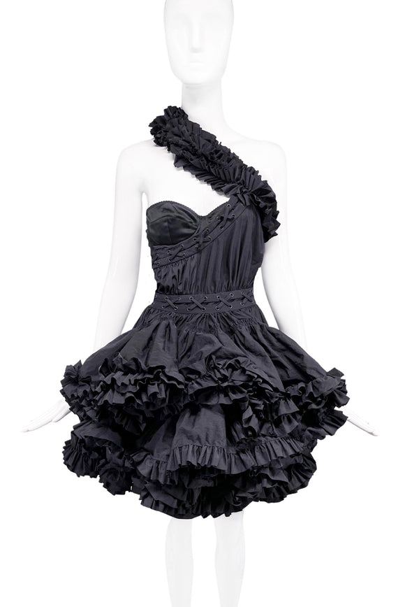 Vintage Black Nylon Ruffle Shoulder Halterneck Corset Tutu Dress*