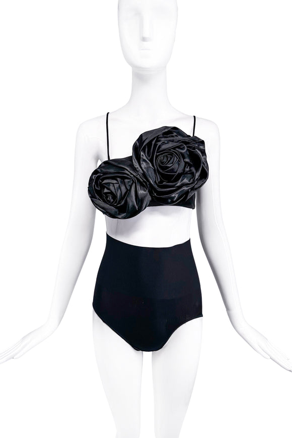 Vintage Black Satin Oversized Flower Ruffle Bandeau Top