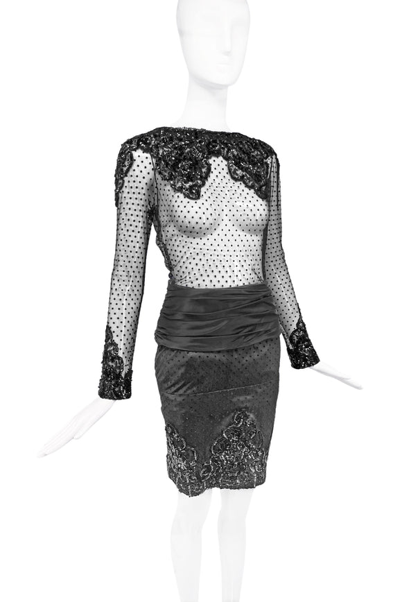 Vintage Black Swiss Polka Dot Tulle Cocktail Dress with Lace and Sequin Embellishment Details