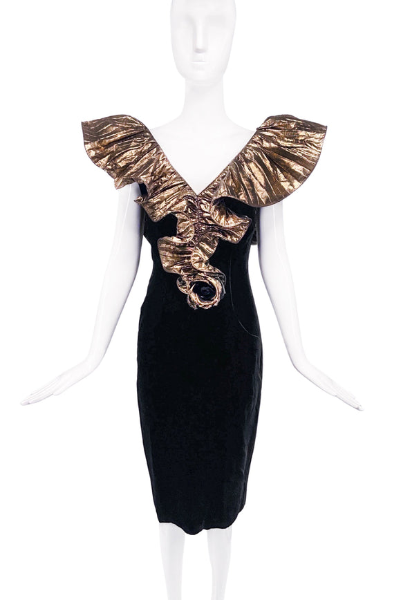 Vintage Black Velvet Gold Ruffle Pleated Lamé V-Neck Line Cocktail Dress