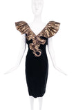 Vintage Black Velvet Gold Ruffle Pleated Lamé V-Neck Line Cocktail Dress