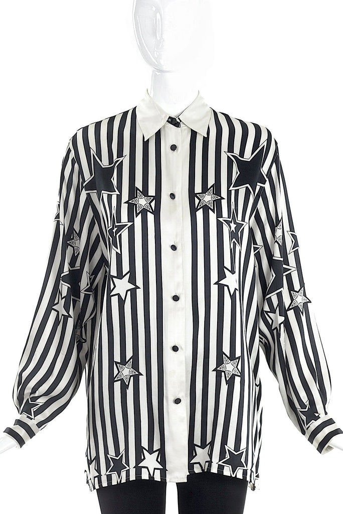 Vintage Black and White Star Print Silk Button-Up Shirt
