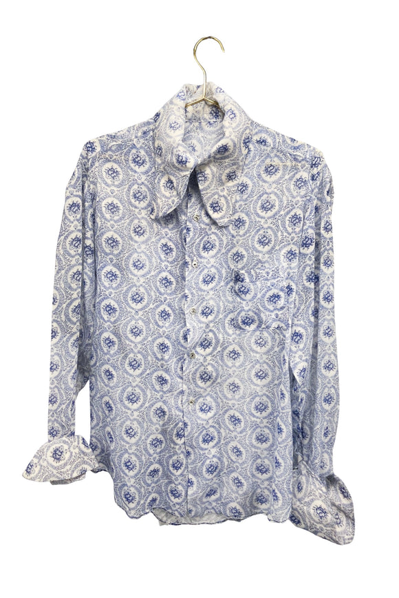 Vintage Blue and White Floral English Print Button-Down Shirt with Oversize Collar