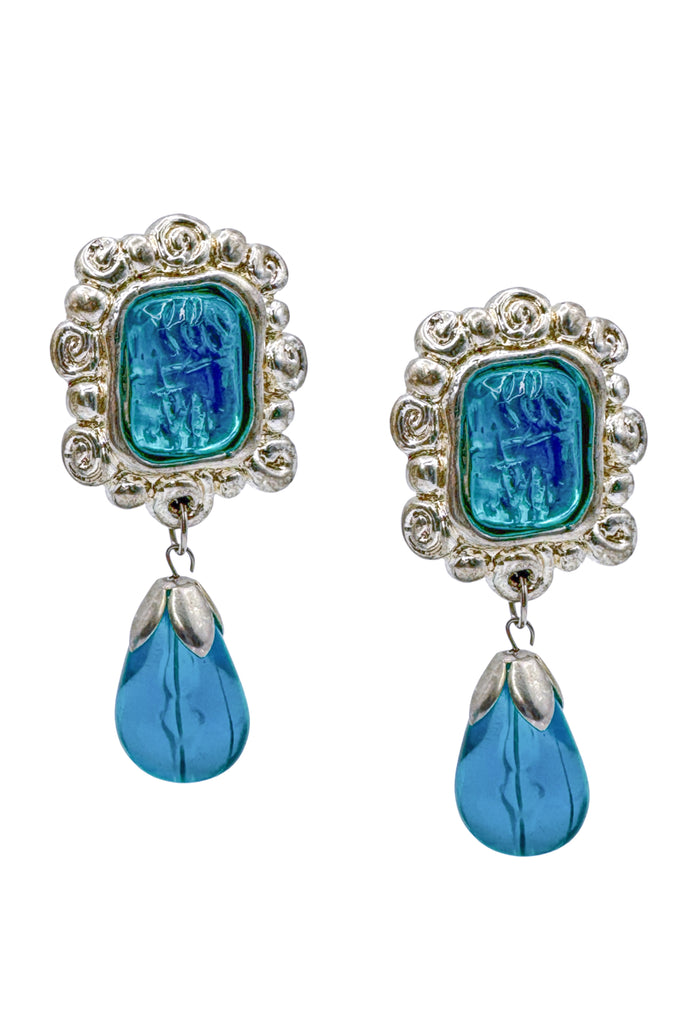 Vintage Silver & Blue Embellished Drop Earrings