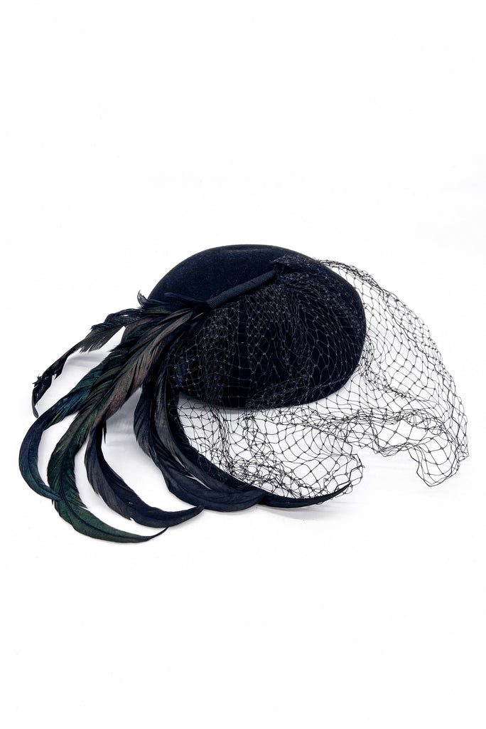 Vintage Rounded Cocktail with Net Veil and Black Feathers