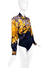 Versace Style Leopard and Gold Baroque Print Black Silk Escada Bodysuit