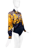 Versace Style Leopard and Gold Baroque Print Black Silk Escada Bodysuit