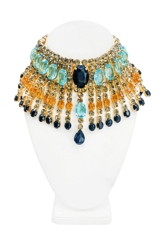 Vintage Etro Aquamarine Blue, Topaz Yellow and Sapphire Crystal "Cleopatra" Choker Necklace