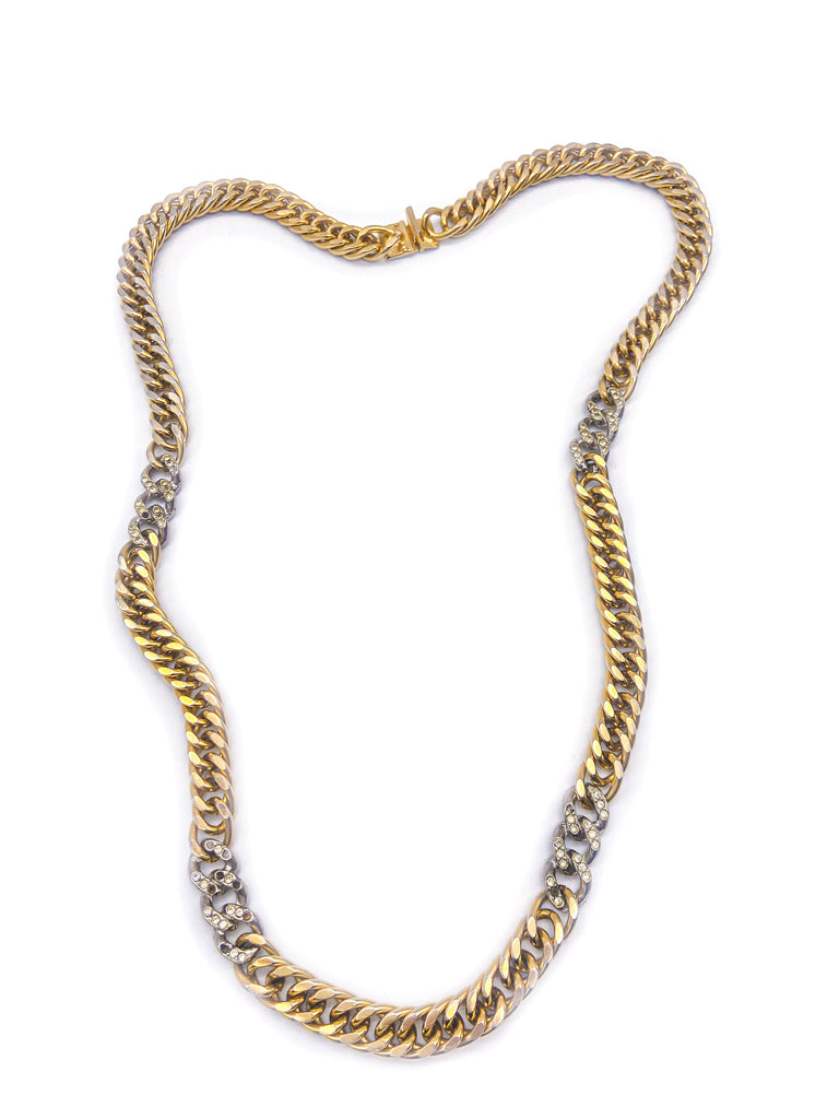 Vintage Gold Silver Rhinestone Long Chain Link Necklace