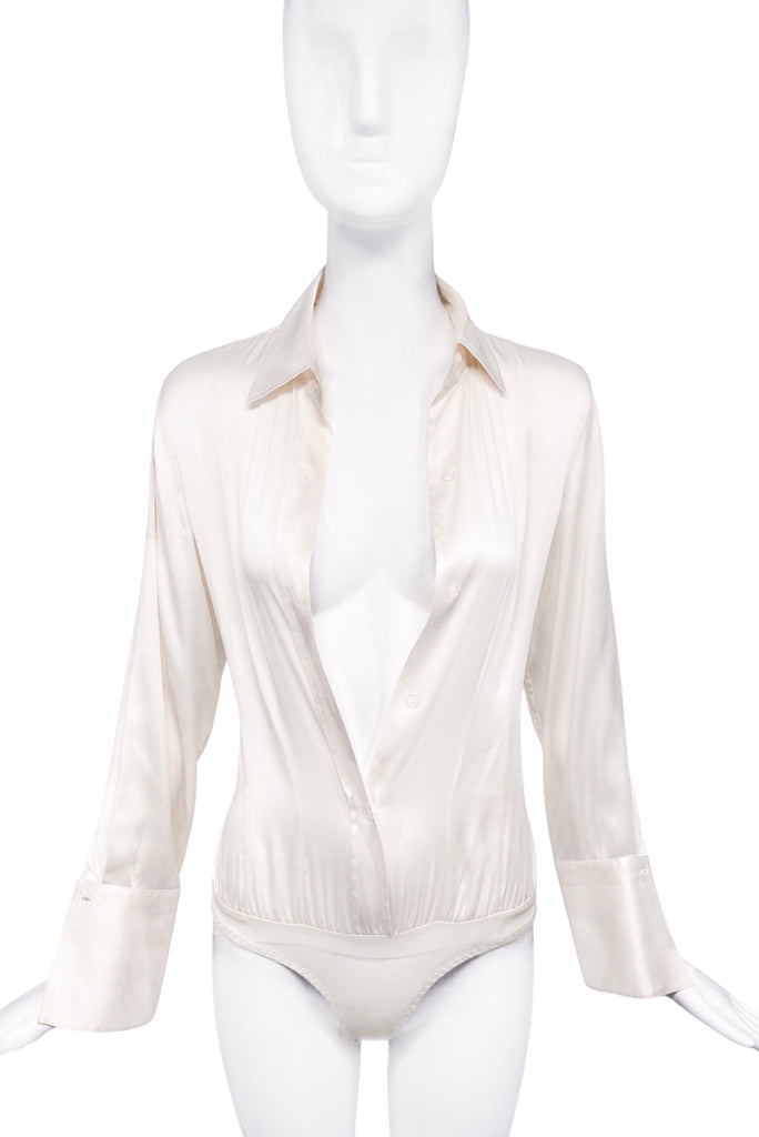 Vintage Ivory Satin Button-Up Bodysuit Top