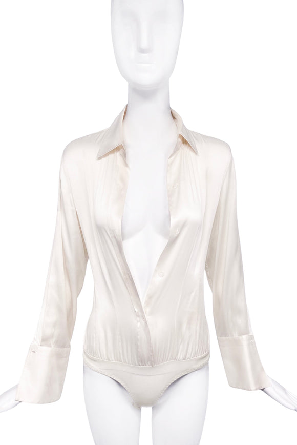 Vintage Ivory Satin Button-Up Bodysuit Top