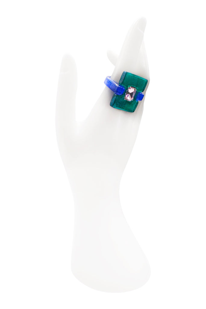 Vintage Green and Blue Lucite Geometric Ring with Pink Crystal Detail
