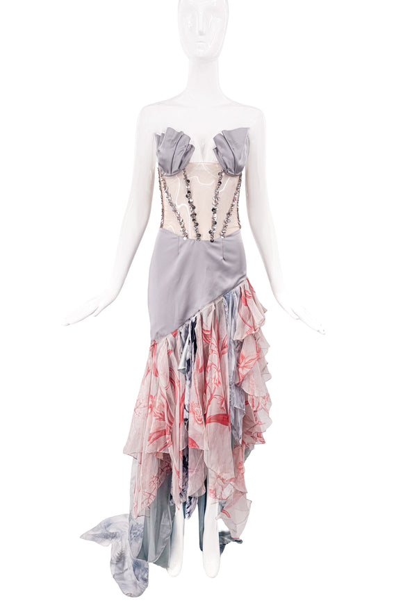 Vintage Multi Color Floral Print Shell Sequin Corset Dress