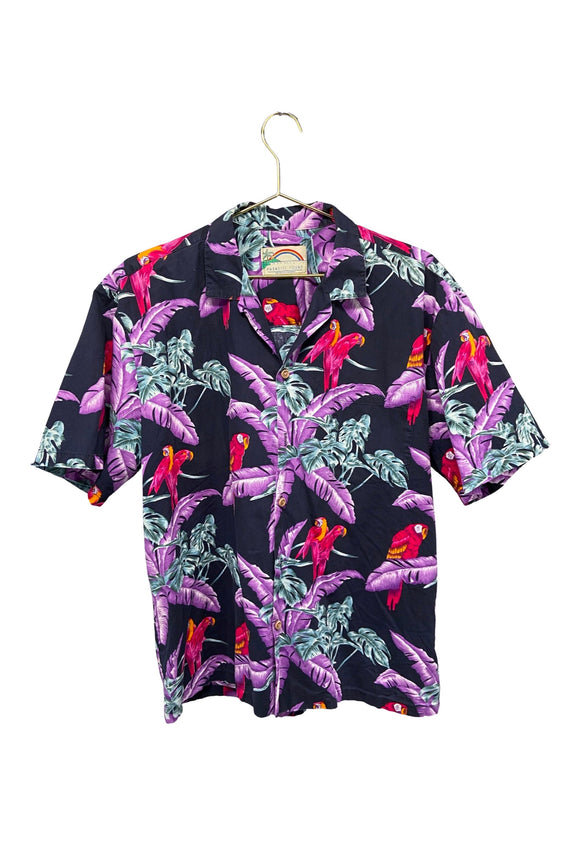 Vintage Multicolor Tropical Parrot Print Short Sleeve Button-Up Shirt