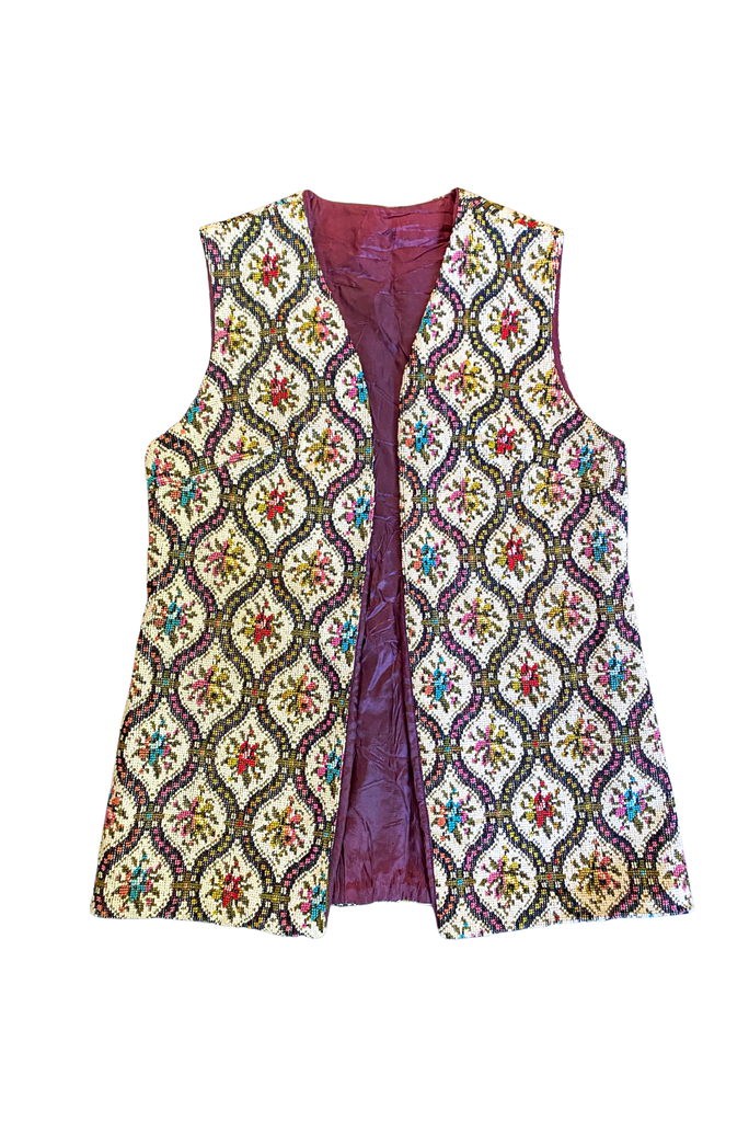 Vintage Needlepoint Bohemian Hippie 1970's Vest with Floral Motive.