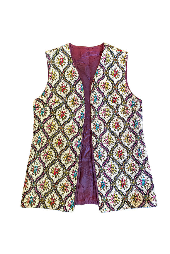 Vintage Needlepoint Bohemian Hippie 1970's Vest with Floral Motive.
