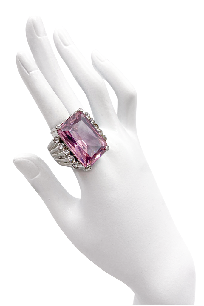 Vintage Silver Pink Crystal Massive Estate Cocktail Ring