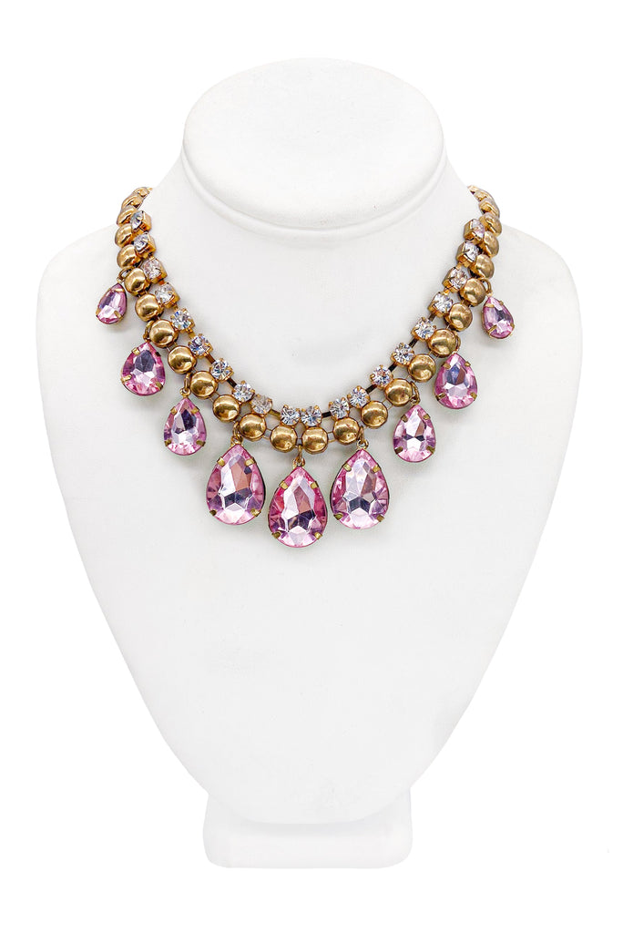 Vintage Place Vendome Paris Pink Topaz Crystal Brass Teardrop Necklace