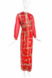 Vintage Red Lame Ornate 1970's Boho Dress with Sheer Sleeves