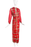 Vintage Red Lame Ornate 1970's Boho Dress with Sheer Sleeves
