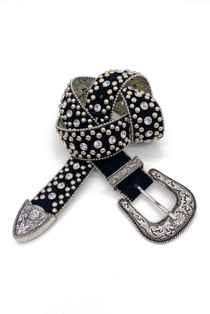 Vintage Black Suede "Western" Cowboy Belt with Antique Silver Buckle and Crystal Details