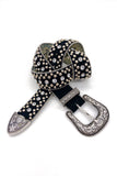 Vintage Black Suede "Western" Cowboy Belt with Antique Silver Buckle and Crystal Details