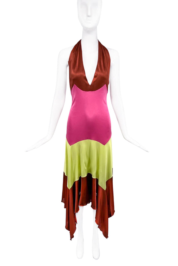 Missoni Pink Pink Lime Green Brown Striped Hankerchief Halterneck 