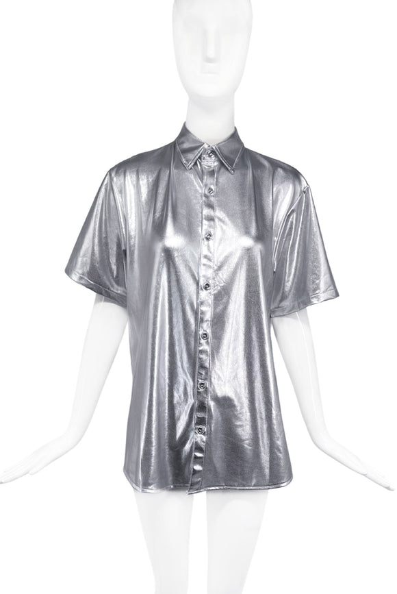 Vintage Silver Metallic Short Sleeve Button Down Shirt