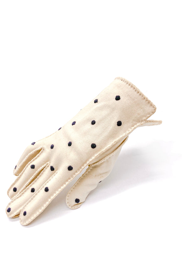 Vintage Tan Ultrasuede Glove with Navy Blue Polka Dots
