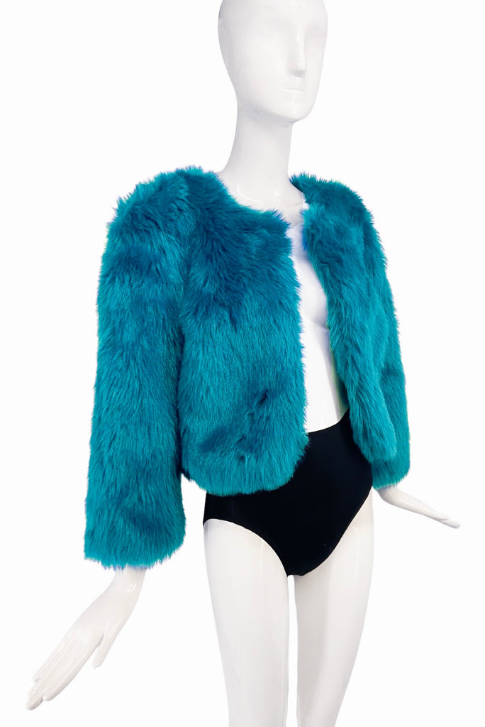 Vintage Teal Gemstone Blue Faux Fur Cropped Chubby Jacket