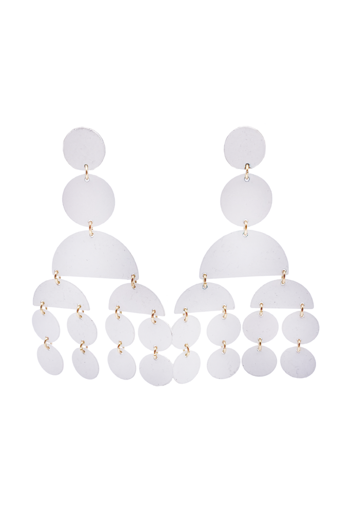 Vintage White Enamel Bone Circle and Half-Circle "Mod" Chandelier Earrings