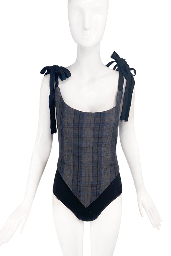 Alexandre Herchcovitch Blue and Grey Tartan Print Corset Top