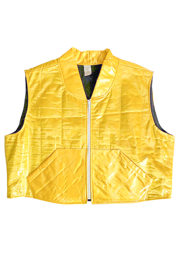Vintage Yellow Quilted Zip-Up "Y2K Raver Boy" Vest with Clear Vinyl Overlay