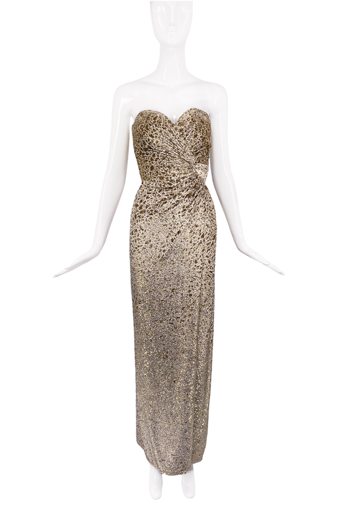Vintage Gold Creme Beige Leopard Burnt Velvet Bustier Gown Dress